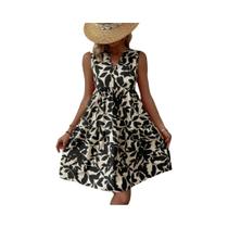 Vestido Mini Boho Estampado Feminino Sem Mangas Decote Em V Com Babados Estilo a Casual Oversize