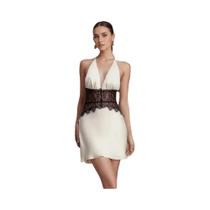Vestido Mini Branco De Renda Com Patchwork E Costas Abertas Feminino Verão 2026 Decote V Profundo