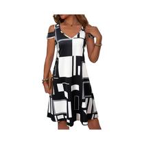 Vestido Mini Casual De Verão Para Mulheres, Off-Shoulder, Decote Em V, Padrão Geométrico, Vestido