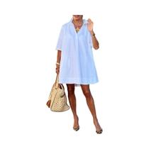Vestido Mini Casual Solto Branco Para Mulheres Com Gola, Manga Curta E Decote Em V Profundo, Moda