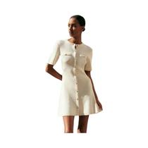 Vestido Mini De Malha Canelada Branco Para Mulheres, Sexy, Ajustado, Manga Curta, Com Botão - TOSSY