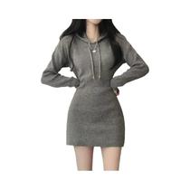 Vestido Mini De Malha Grossa Branco Para Mulheres, Vestido Slim Com Capuz E Manga Longa, Cintura Vestido Mini De Malha Grossa Branco Para Mulheres, Vestido Slim Com Capuz E Manga Longa, Cintura