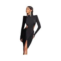 Vestido Mini De Manga Longa Com Gola Alta Para Mulheres, Sem Cintura, Com Franzido, Estilo Bodycon Vestido Mini De Manga Longa Com Gola Alta Para Mulheres, Sem Cintura, Com Franzido, Estilo Bodycon