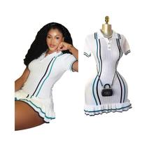 Vestido Mini De Tricô Sexy De Verão Com Gola Virada Vintage E Babados Na Cintura - Moda Chique Para Vestido Mini De Tricô Sexy De Verão Com Gola Virada Vintage E Babados Na Cintura - Moda Chique Para