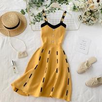 Vestido Mini De Verão Em Tricô Amarelo E Preto Para Mulheres, Com Alças Finas E Decote Em V, Casual