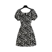 Vestido Mini De Verão Feminino Em Chiffon Com Estampa Floral E Mangas Bufantes Plissadas Casual