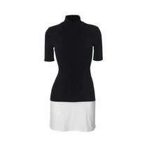 Vestido Mini Elegante Preto E Branco Com Patchwork, Gola Alta E Manga Curta, Estilo Francês, Moda