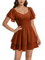 Vestido Mini Envolvente Rooscier com Decote em V e Barra Babada Caramelo Vestido Mini Envolvente Rooscier com Decote em V e Barra Babada Caramelo