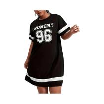 Vestido Mini Estampado plus Size De Verão Estilo Casual Esportivo Com Mangas Curtas Listras Pretas E Vestido Mini Estampado plus Size De Verão Estilo Casual Esportivo Com Mangas Curtas Listras Pretas E