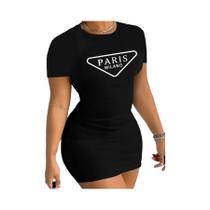Vestido Mini Feminino Casual De Verão Com Estampa De Letras Paris, Manga Curta E Gola Redonda,