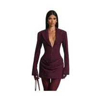 Vestido Mini Feminino Estilo Escritório Com Decote Baixo, Manga Longa E Barra Franzida, Casual,