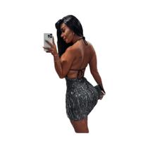 Vestido Mini Feminino Halter Sem Costas E Sem Mangas Kliou Com Franjas, Patchwork E Brilho Para Vestido Mini Feminino Halter Sem Costas E Sem Mangas Kliou Com Franjas, Patchwork E Brilho Para