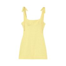 Vestido Mini Feminino Sem Costas Com Estampa Xadrez, Decote Quadrado Com Laço, Zíper Traseiro,