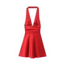 Vestido Mini Feminino Sexy Com Decote V E Laço Nas Costas, Sem Mangas, Moda Feminina