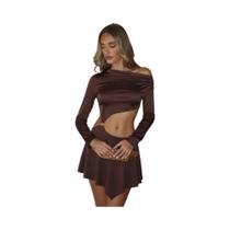 Vestido Mini Feminino Sexy Justo Com Recortes, Ombro a Ombro, Manga Comprida, Gola Assimétrica, Sem Vestido Mini Feminino Sexy Justo Com Recortes, Ombro a Ombro, Manga Comprida, Gola Assimétrica, Sem