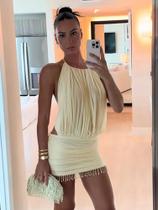 Vestido Mini Feminino Sexy Sem Costas Com Amarração, Renda, Patchwork De Tela, Borlas De Pérolas E