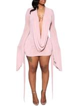Vestido mini feminino sexy SHINFY sem costas, com drapeado em tule, gola drapeada, manga longa e saia evasê para sair, aniversário, rosa Vestido mini feminino sexy SHINFY sem costas, com drapeado em tule, gola drapeada, manga longa e saia evasê para sair, aniversário, rosa