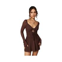 Vestido Mini Feminino Slim Fit Sólido Com Bandagem, Manga Comprida, Vazado, Estilo Império, Para Vestido Mini Feminino Slim Fit Sólido Com Bandagem, Manga Comprida, Vazado, Estilo Império, Para