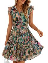 Vestido Mini Floral Boho de Verão ZESICA com Botões e Manga Curta Vestido Mini Floral Boho de Verão ZESICA com Botões e Manga Curta