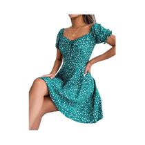 Vestido Mini Floral Com Babados Para Mulheres Primavera Verão Decote Quadrado Com Cordão a Linha