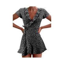 Vestido Mini Floral Com Rendas E Decote Em V Para Mulheres, Elegante E Chic, Estilo A-Line Para O Vestido Mini Floral Com Rendas E Decote Em V Para Mulheres, Elegante E Chic, Estilo A-Line Para O