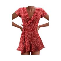 Vestido Mini Floral Com Rendas E Decote Em V Para Mulheres, Elegante E Chic, Estilo A-Line Para O