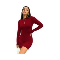 Vestido Mini Plissado Feminino Slim Fit Com Gola Alta E Manga Longa, Bodycon Franzido Para Festas E