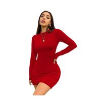Vestido Mini Plissado Feminino Slim Fit Com Gola Alta E Manga Longa, Bodycon Franzido Para Festas E