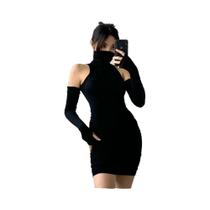 Vestido Mini Preto Feminino Com Gola Alta, Mangas Compridas, Plissado, Justo Ao Corpo, Para Festa,