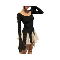 Vestido Mini Preto Feminino Com Mangas Flare Em Patchwork, Decote O, Estilo Casual Elegante Para