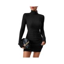 Vestido Mini Preto Sexy Com Gola Alta Para Mulheres, Mangas Longas, Elegante, Bodycon, Para Festas E