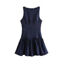Vestido Mini Sem Mangas Com Babados Para Mulheres, Decote Redondo, Laços Nas Costas, Zíper, Moda Vestido Mini Sem Mangas Com Babados Para Mulheres, Decote Redondo, Laços Nas Costas, Zíper, Moda