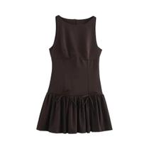 Vestido Mini Sem Mangas Com Babados Para Mulheres, Decote Redondo, Laços Nas Costas, Zíper, Moda