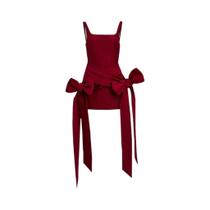 Vestido Mini Sem Mangas Com Decote Em U Para Mulheres, Decoração Com Laço SylCue, Elegante E Justo