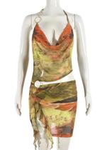 Vestido Mini Sem Mangas Com Decote Halter Tie Dye Bonnie Forest Com Ruffles E O-Rings Para Festas De