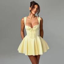 Vestido Mini Sem Mangas Com Renda E Decote Em V, Alta Cintura, Costas Descobertas, Estilo Bailarina Vestido Mini Sem Mangas Com Renda E Decote Em V, Alta Cintura, Costas Descobertas, Estilo Bailarina
