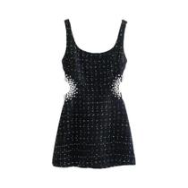 Vestido Mini Sem Mangas Texturizado Para Mulheres, Decote Redondo, Pérolas Falsas, Vestido Casual