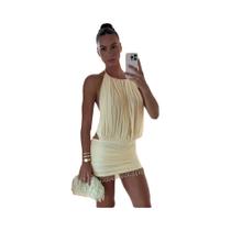 Vestido Mini Sexy Feminino Em Malha Com Detalhes Em Renda, Costas Descobertas, Franjas De Pérola,