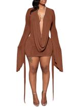 Vestido mini sexy feminino SHINFY sem costas, com drapeado em mesh, gola boba, manga longa e saia evasê para sair, vestido de coquetel marrom Vestido mini sexy feminino SHINFY sem costas, com drapeado em mesh, gola boba, manga longa e saia evasê para sair, vestido de coquetel marrom
