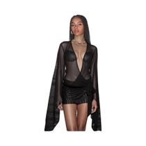 Vestido Mini Sexy Transparente Em Malha Para Mulheres, Manga Longa, Decote Em V Profundo, Vestido Vestido Mini Sexy Transparente Em Malha Para Mulheres, Manga Longa, Decote Em V Profundo, Vestido
