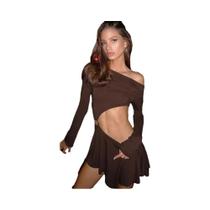 Vestido Mini Sexy Vazado Para Mulheres, Ombro a Ombro, Manga Comprida, Gola Assimétrica, Patchwork,