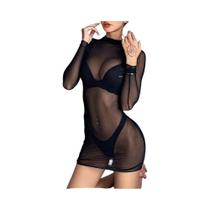 Vestido Mini Transparente Com Gola Alta Para Mulheres, Slim E Elástico, Ideal Para Festas E Clubes