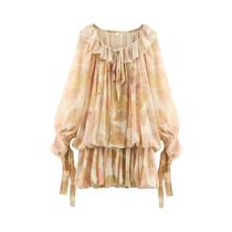 Vestido Mini Vintage Com Estampa Floral, Manga Longa, Decote Em V E Babados Para Mulheres, Elegante Vestido Mini Vintage Com Estampa Floral, Manga Longa, Decote Em V E Babados Para Mulheres, Elegante
