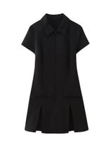 Vestido Mini Vintage Feminino Com Lapela E Pregas, Zíper Sólido, Mangas Curtas, Moda Chic Feminina Vestido Mini Vintage Feminino Com Lapela E Pregas, Zíper Sólido, Mangas Curtas, Moda Chic Feminina