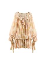 Vestido Mini Vintage Feminino De Verão Com Estampa, Manga Longa, Cordão E Laço, Solto E Elegante