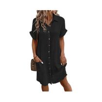 Vestido Mini Vintage Feminino Sólido Com Decote Em V E Manga 3/4 Em Algodão E Linho, Moda Casual De