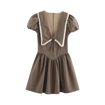 Vestido Mini Xadrez Marrom Feminino Manga Curta Gola Sexy Outono 2025 Estiloso E Vibrante