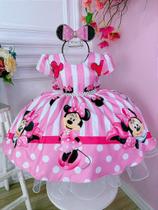 Vestido Minnie Rosa Listras com Cinto de Pérolas para Crianças Vestido Minnie Rosa Listras com Cinto de Pérolas para Crianças