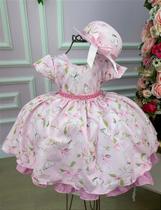 Vestido Miss Cherry com Chapeu Rosa e Estampa de Flores e Borboletas