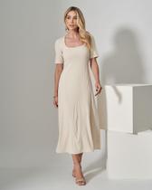 Vestido Miss Misses Midi Canelado Gola Quadrado Off White